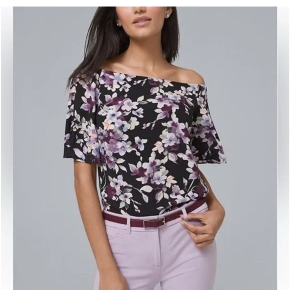 White House Black Market Floral Off-Shoulder Blouse - Black and Purple